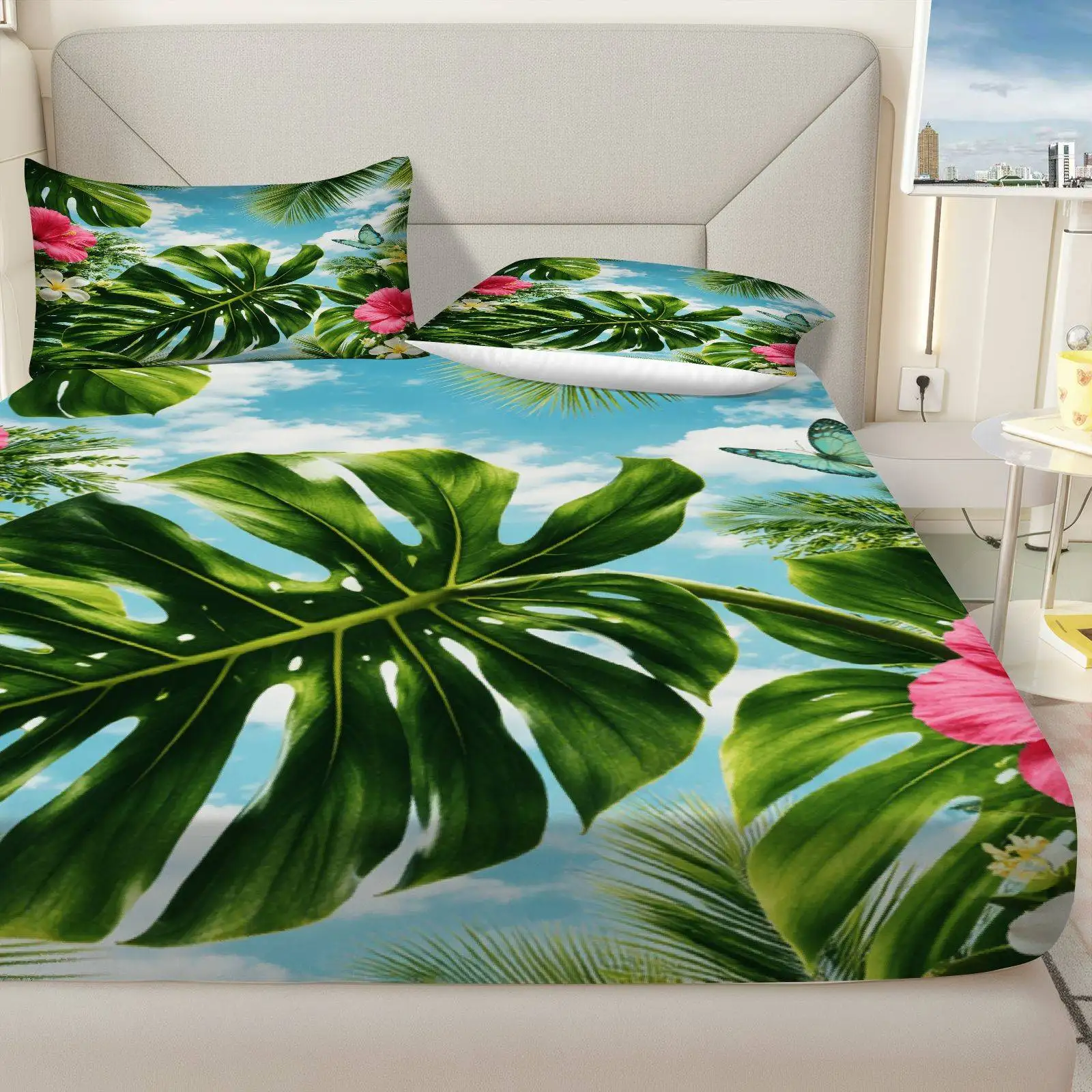 Tropical Hibiscus Bed Sheet Set, Summer Theme, Tropical Floral Bedding, Mattress Protector, 3-Piece Bedding Set (includes 1 fitted sheet + 2 pillowcases), Large Capacity Deep Pocket 2D Printed Fitted Sheet and 2 Pillowcases, Bedding Mattress Protector, Elastic Fitted Sheet Style, Protective Cover, Mattress Protector, Suitable for All Seasons, Machine Washable Design, Holiday Decoration, Various Sizes, Breathable Protective Cover with Pillowcases