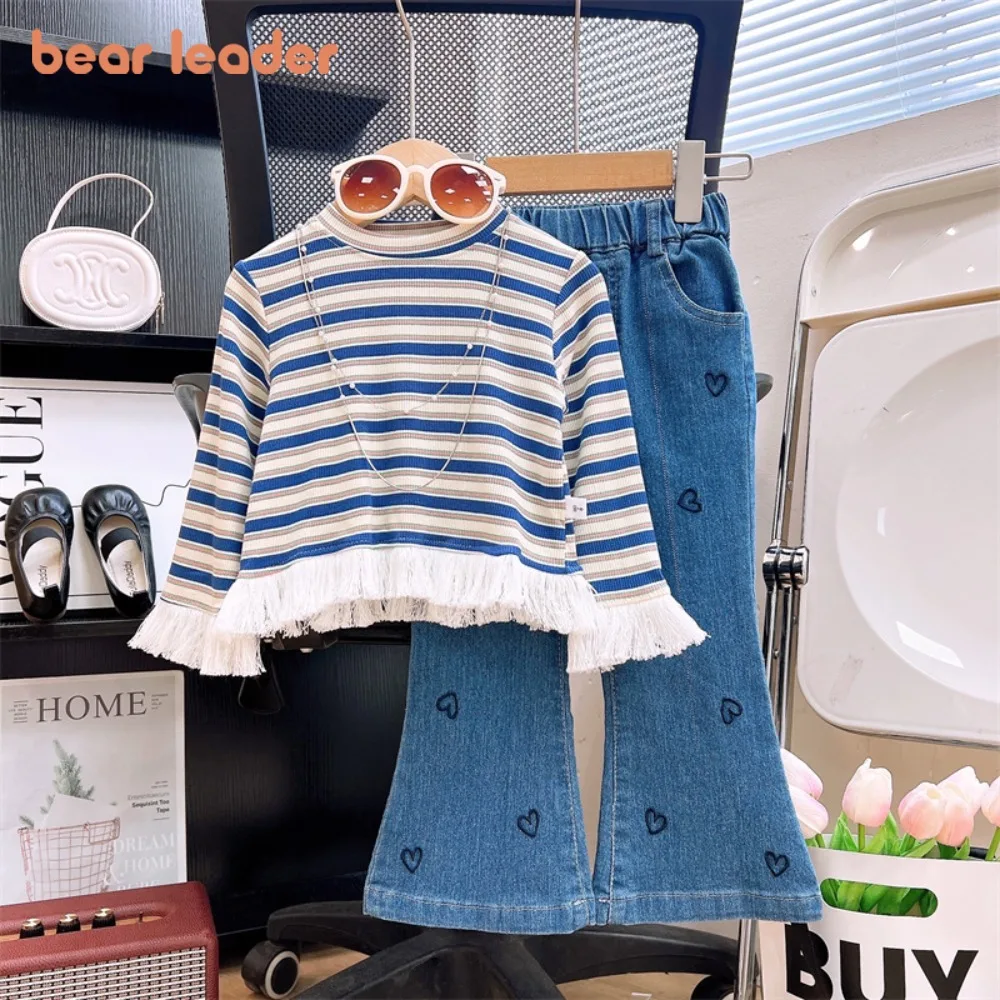

Bear Leader Autumn Long Sleeved Children's Set Korean Striped Fringe Top+Heart-shaped Printed Jeans Fashionable Girls Clothes