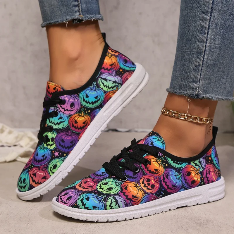 

Halloween Canvas Shoes for Women with Pumpkin Print, Ghost Design, Large Size, European and American Style, Flat Casual Shoes
