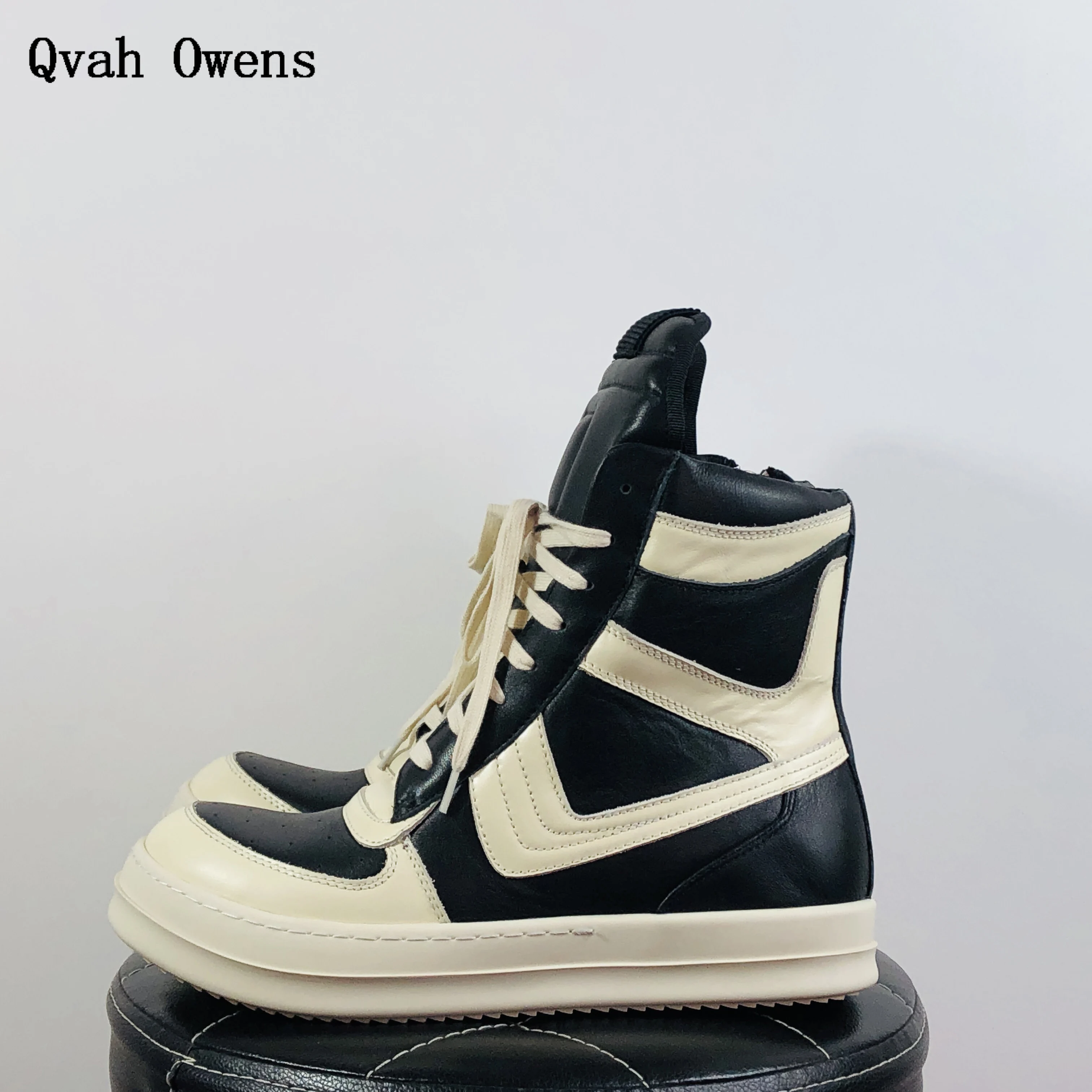 

Women Men High Top Casual Shoes Genuine Leather Luxury Trainers Lace Up Sneakers Zip High Street Autumn Black Qvah Owens Boots