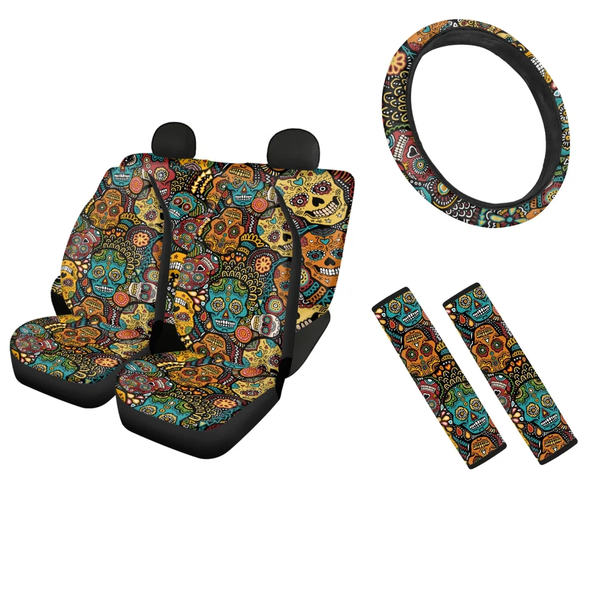 

Skull Printed Fashion Women Men Car Front and Back Seat Cover Sweat Absorption Comfort Steering Wheel Cover with Seat Belt Cover