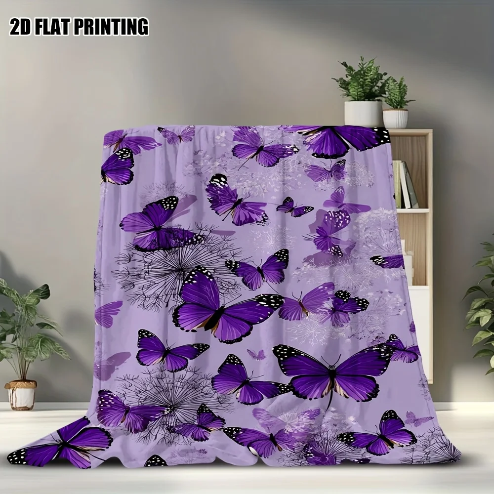 1pc 2D Flat Printing Blanket, Featuring a Warm And Comfortable Design with Purple Butterflies in a Grassy Scene, Fade-Resistant,