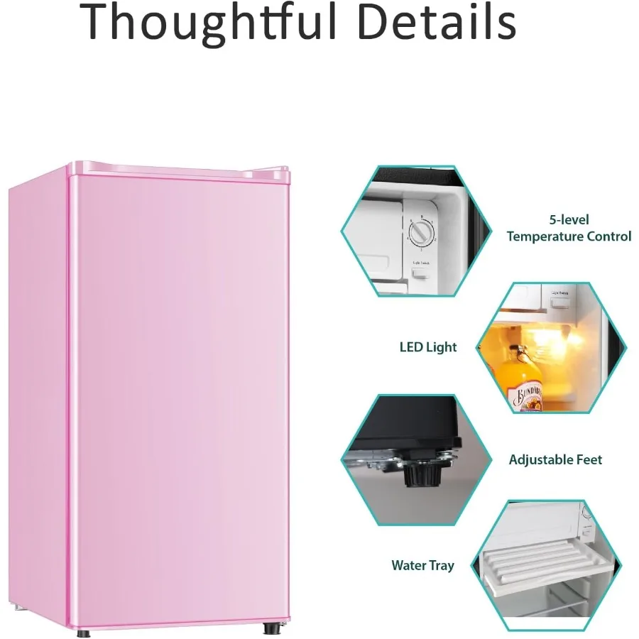 Compact Mini Fridge with Freezer for Dorm Office Bedroom 3.1 Cu.Ft Pink Single Door Refrigerator with LED Light Adjustable Ther