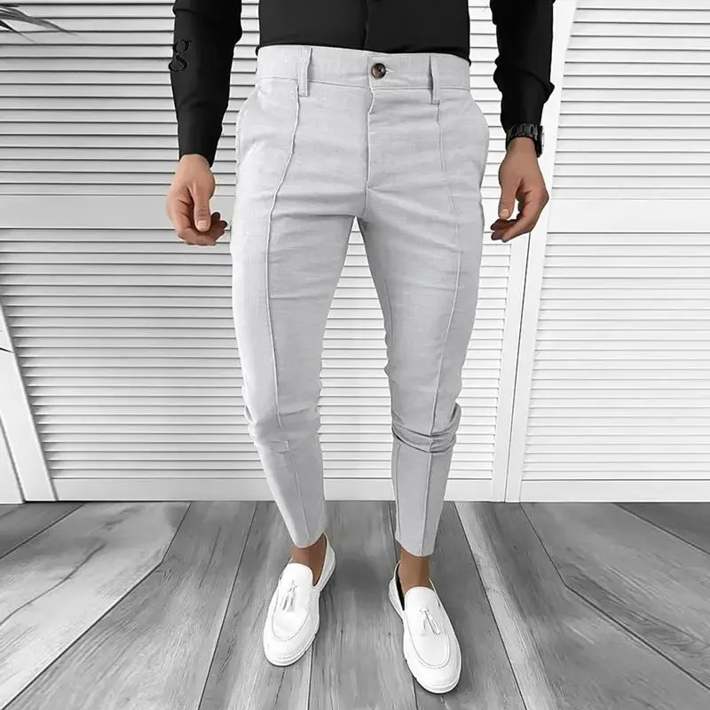 

New Spring Mens Casual Pants Streetwear Fashion Pure Color Mid Waist Slim Fit Pencil Pants for Male Vintage Pleated Suit Trouser