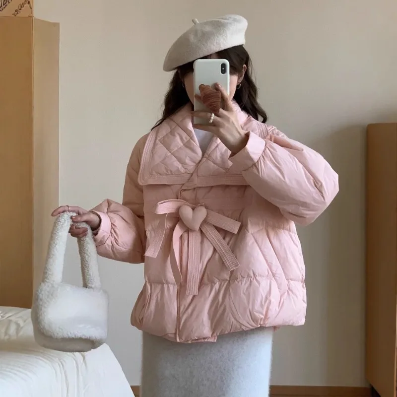 

Sweet Heart-shaped Down Jacket in Autumn Winter Kawaii Pan Leather Collar Thickened Warm Jacket Versatile Casual Womens Top