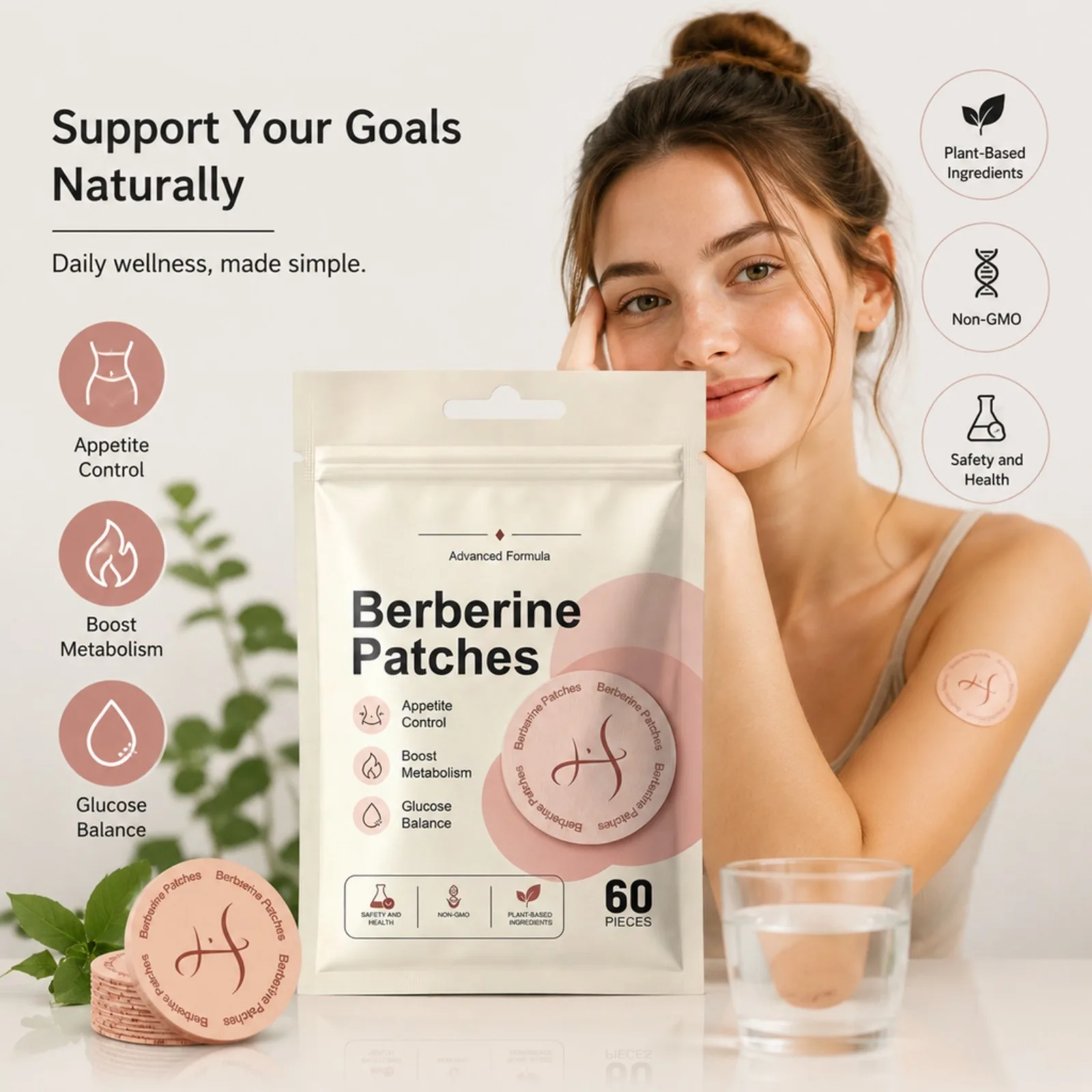 60Pcs Berberine Patches Light Management Assistance Highlights Body Contours Energy Supporteasy to Use Body Loss Sticker