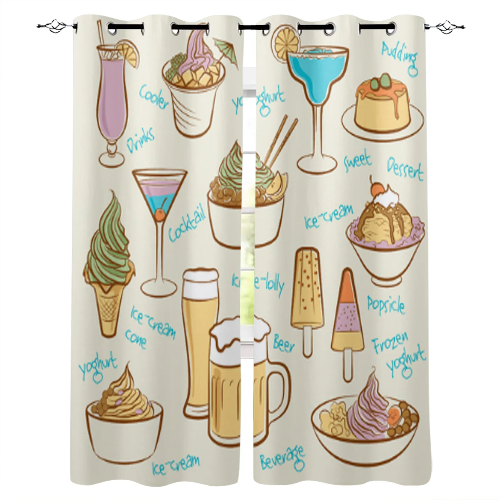 Ice Cream Drinks Tasty Cartoon Printing Curtain For Living Room Luxury Bedroom Hotel Curtain Home Decor Window Balcony Drapes