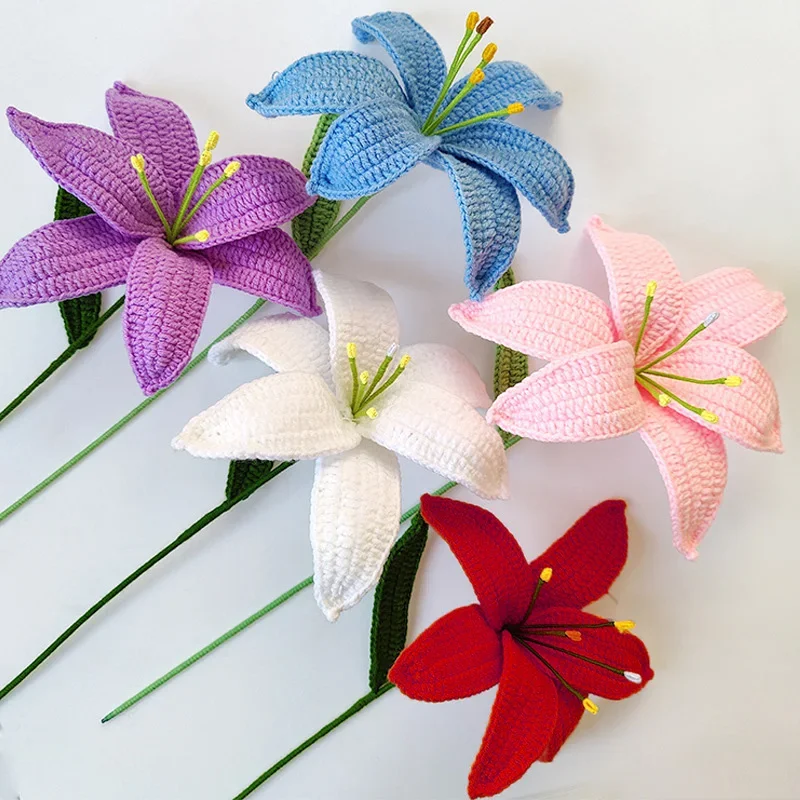 Handmade Wool Crochet Cotton Lily Flower Creative Knitting Ornament Decoration Handwoven Simulation Bouquet Friends Gift