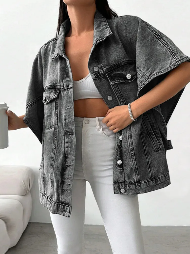 

3XL Plus Size Casual Female Tops Women Denim Jacket Spring Autumn Clothes Short Sleeve Jeans Waistcoats Single-Breasted 5XL 4XL
