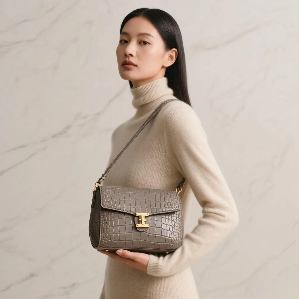 

Luxury Crocodile-Embossed Tote Bag with Gold Hardware, Elegant Women's Designer Handbag for Chic & Spacious Daily Commute.