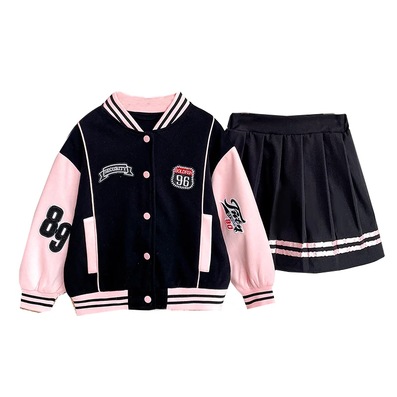 

Two-piece Children Bomber Jackets Teens Girls Baseball Uniform Coats and Skirts Sets Kids Letter Print Jackets Form 7 To 12 Year