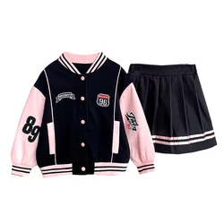 Two-piece Children Bomber Jackets Teens Girls Baseball Uniform Coats and Skirts Sets Kids Letter Print Jackets Form 7 To 12 Year