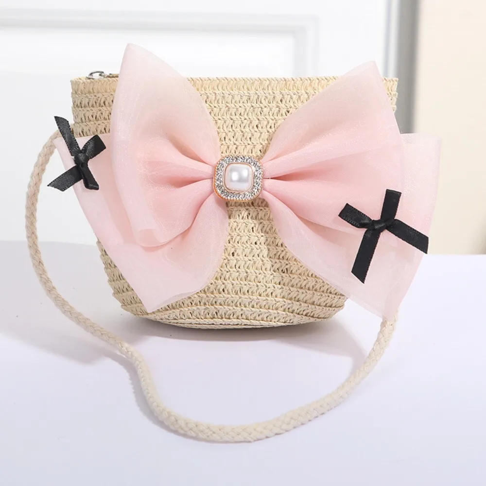 

Sweet Kid's Straw Woven Bag Bow Shoulder Bag Outdoor Travel Messenger Bag Beach Bag Mini Children's Coin Purse Handbag
