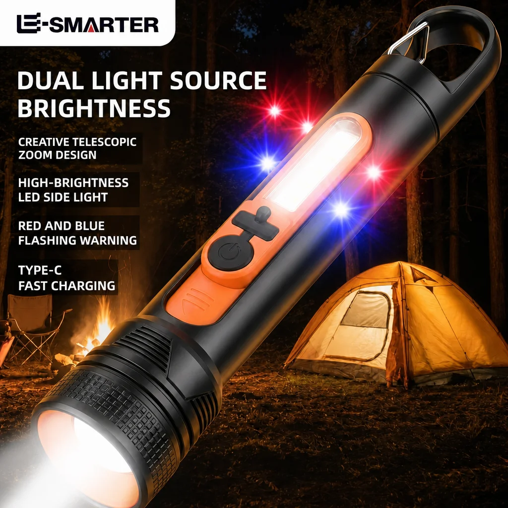 Outdoor Handheld Multi-Purpose Torch, Zoomable High Intensity Long-Range Flashlight with Side Lamp Adjustable Lighting