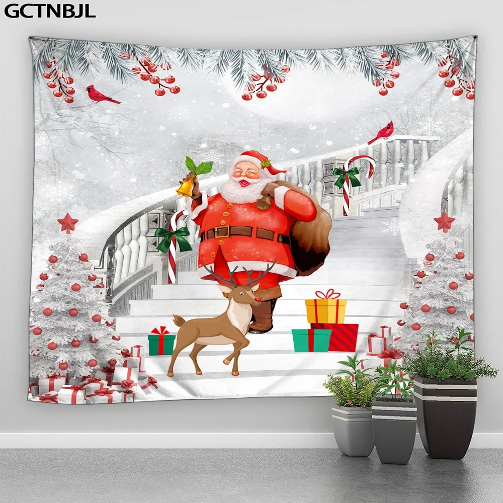 Christmas Tapestry Hanging Wall Santa Claus Fir Red Birds Christmas Tree Gifts Winter New Year Home Decor Fabric Wall Tapestries