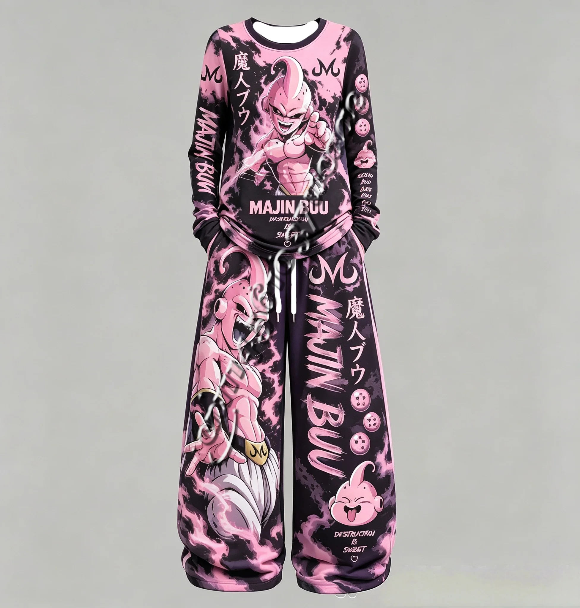 Neuer Unisex Frühling-Herbst Streetwear-Trainingsanzug mit Dragon-Ball-Anime-Print, Langarm-T-Shirt und Weitbein-Hose, Familien-Set – Detail 8