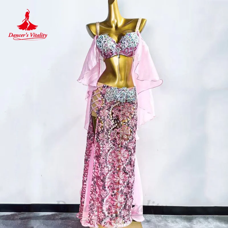 Fato de dança do ventre feminino, sutiã sênior e saia longa de renda, roupa oriental para crianças adultas, 2 peças