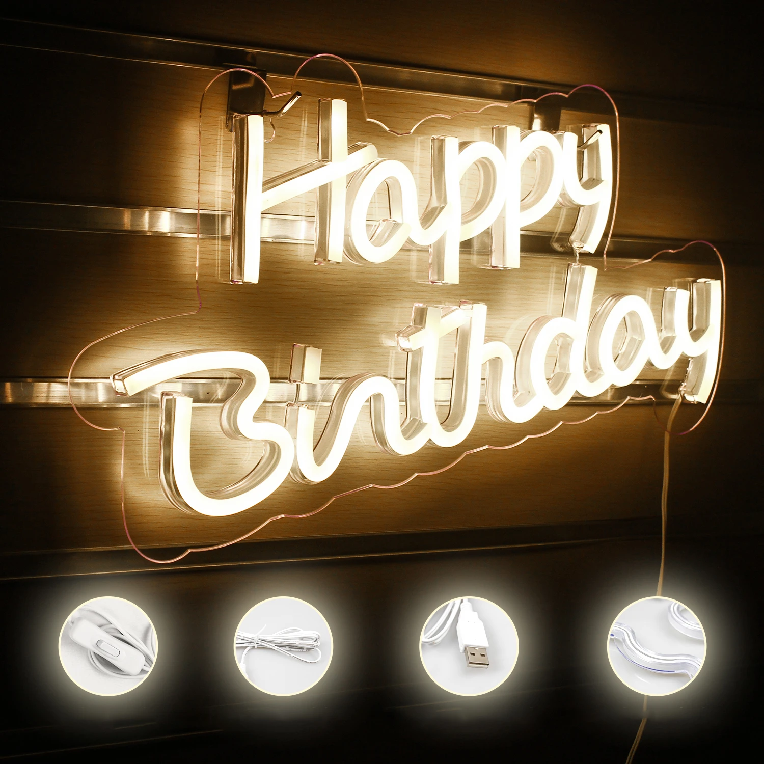 Imagem -03 - Warm White Happy Birthday Neon Sign Party Decor Light up Sinais Led para Backdrop Restaurante Hotel Prom 5v Usb