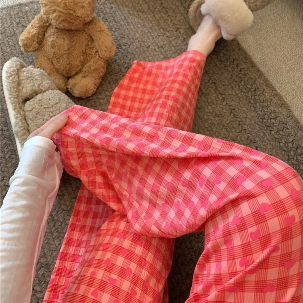 

Sweet Korean Style Plaid Heart Long Pants Colorful Soft Loose Trousers Elastic Fabric Comfortable Drawstring Pants Office Casual