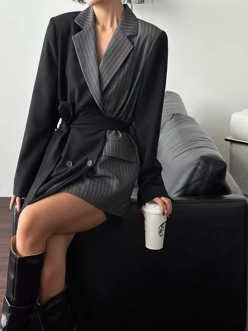 Retro Elegancja Asymetryczny Żakiet z Paskiem Damski Koreański Styl Elegancki Modny Do Pracy