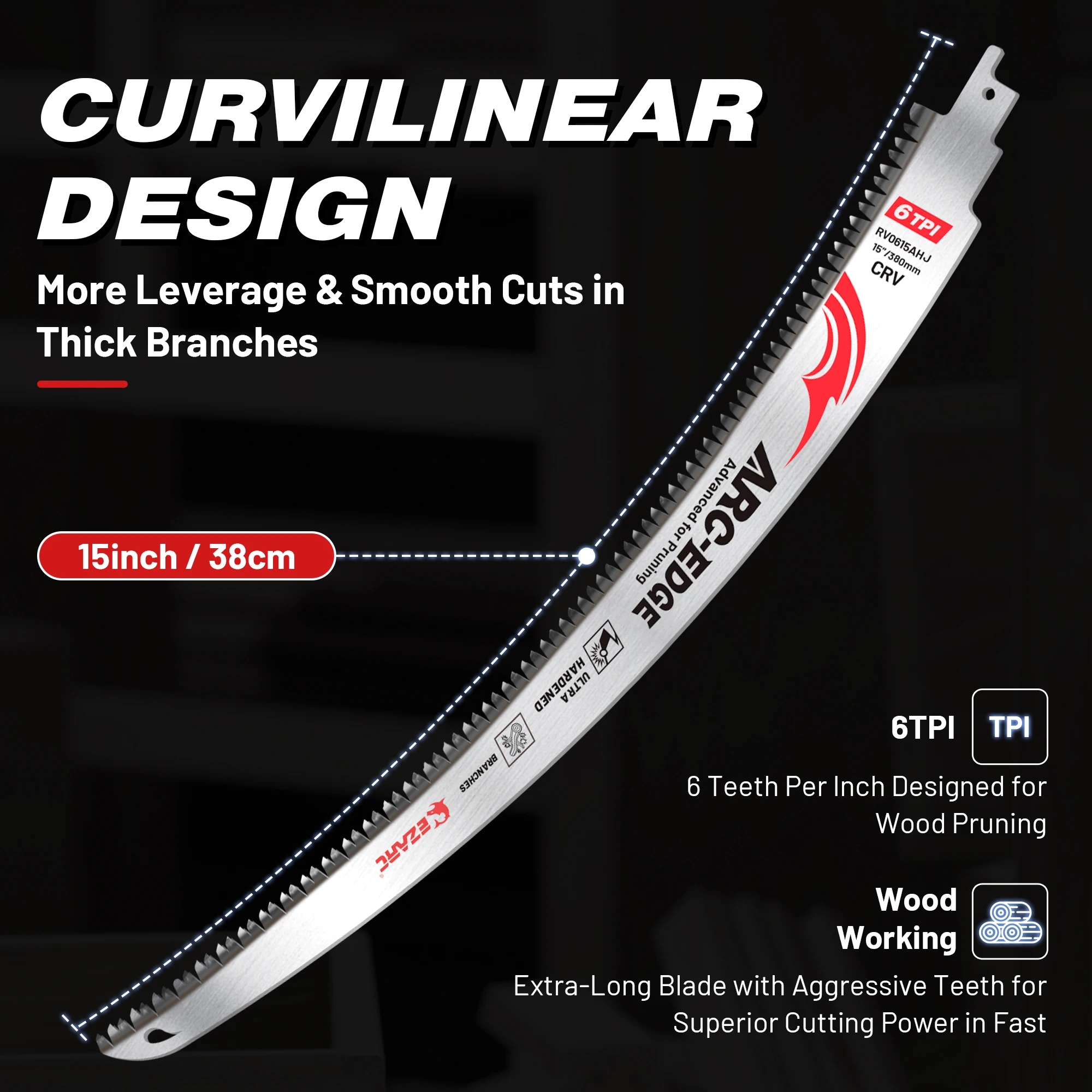 EZARC Arc Edge Wood Pruning Saw Blades 380mm,  CRV Japanese Teeth Reciprocating Saw Blade 6TPI for Tree Trimming, Wood Cutting