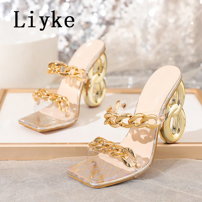 Liyke Fashion Design Chain Women Transparent Slippers Sandals Summer Square Toe Golden Strange High Heels Mules Slides Shoes