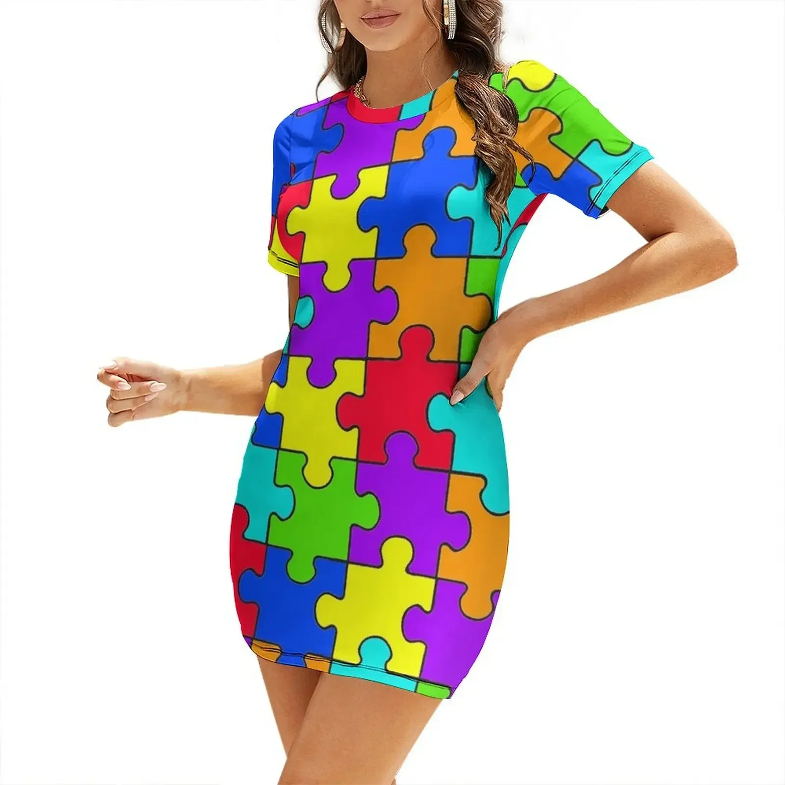 

Puzzle colorful rainbow pattern Short-Sleeved Dress Clothing female dress party evening elegant luxury celebrity