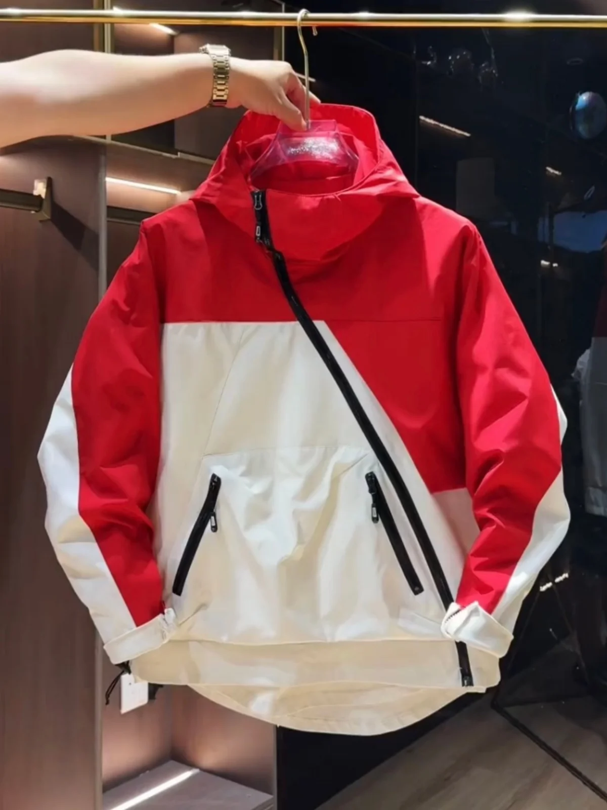 

Men's Outdoor Hooded Jaet Autumn Winter Faion Brand Large ket Workwear Diagonal Zipper Windproof Youth ular Polyest...