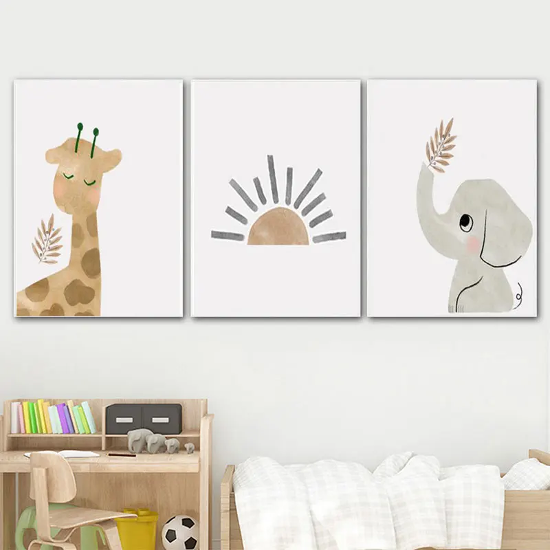 Pósteres de sol de animales de dibujos animados, impresiones de jirafa, elefante, arte en lienzo para decoración de habitación de niños, cuadro artístico de pared para niños