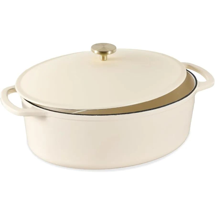 

Oval 7.5 Quart Enamel Cast-Iron Dutch Oven, Heavy-Duty Pre-Seasoned for Baking, Cooking w/Side Handles – Vanilla Buttercream