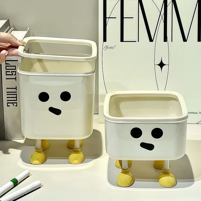 Cute Push-On Mini Trash Can with Brush, Compact Desktop Trash Can, Storage and Cleaning Function 2 in 1