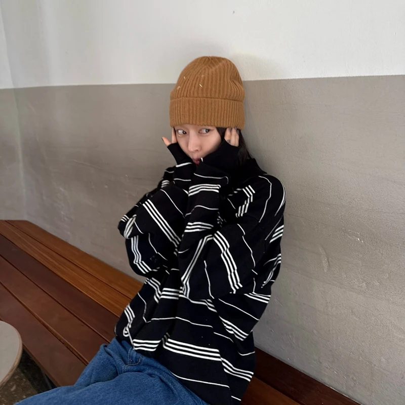 

Полосатый свитер в стиле Харадзюку, женские модные лоскутные черные вязаные пуловеры, уличная одежда, корейский трикотаж, зимние джемперы с длинными рукавами