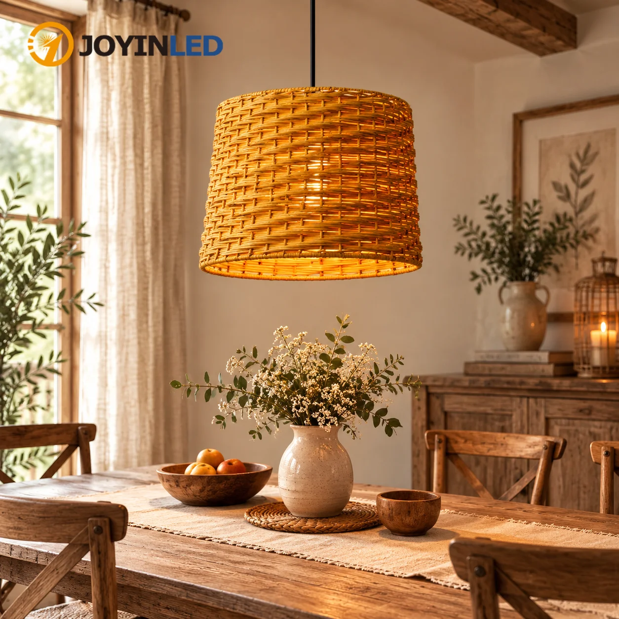 JOYINLED Rattan Chandelier, Boho Bamboo Woven Pendant Light Farmhouse Hanging Light Fixture for Dining Room Kitchen Island