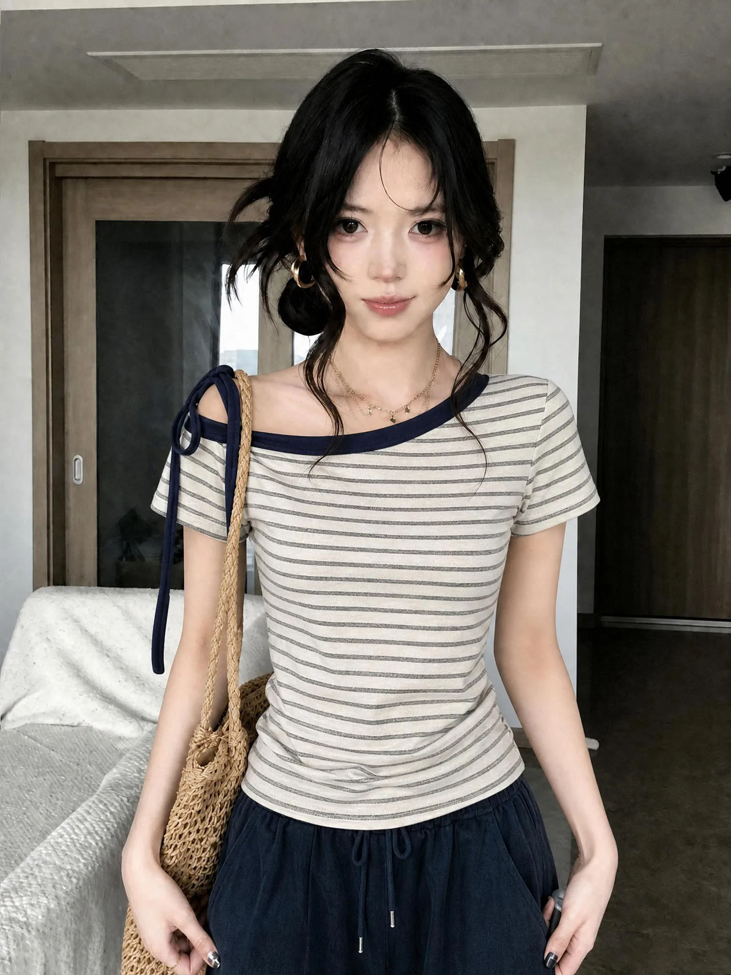 Summer 2026 Women's Slim Fit Striped Tie Shoulder Short Sleeve T-Shirt Korean Style Lazy Feel Top Fashion Ladies Premium