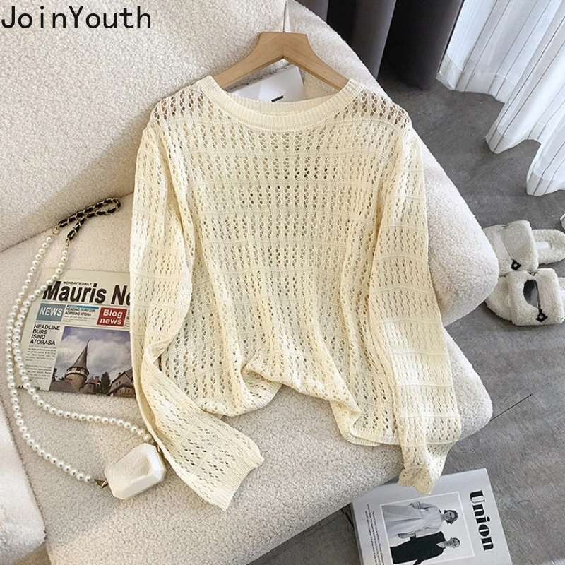 Sueter Mujer Fashion Sweaters Tops Women\'s Clothing Long Sleeve O-neck Jumper Casual Knitted Hollow Out Summer Cropped Pullovers