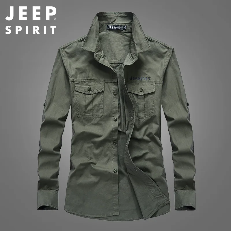 JEEP SPIRIT men casual long-sleeved shirt fashion all-match solid color loose large size youth business square collar simple top