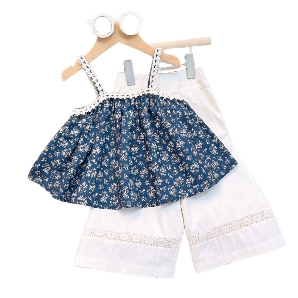 New Arrival Toddler 1-12Y Girl Blossom Frill Strap Blouse, Lovely Straight Trousers Casual Suit  for 90-140cm
