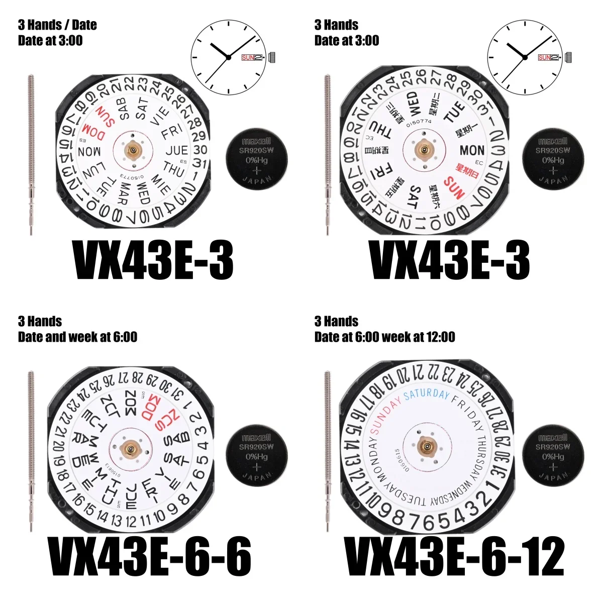 VX43 Movement Epson VX43 Movement  Japan Genuine VX Calendar Series VX43E-3  Size:11 1/2''' 3 Hands/Day/date display at 3:00