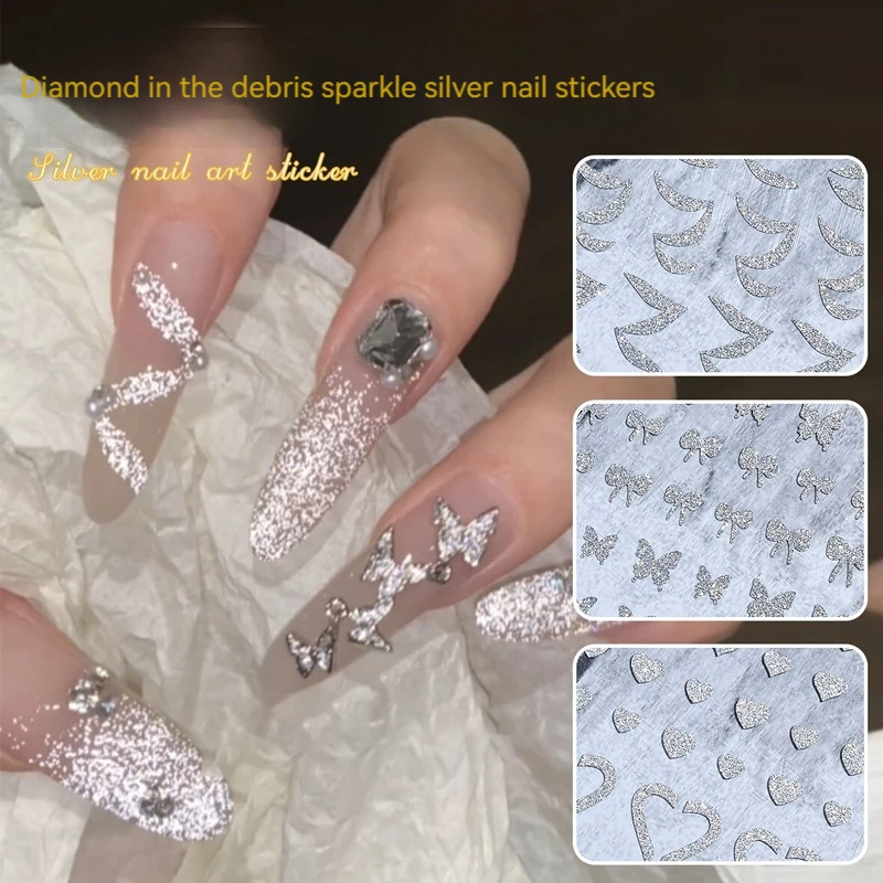 

Laser Butterfly Silver 3D Nail Stickers Broken Crystal Sparkling Butterflies Flowers Nail Decals Adhesive Slider DIY Nail Art