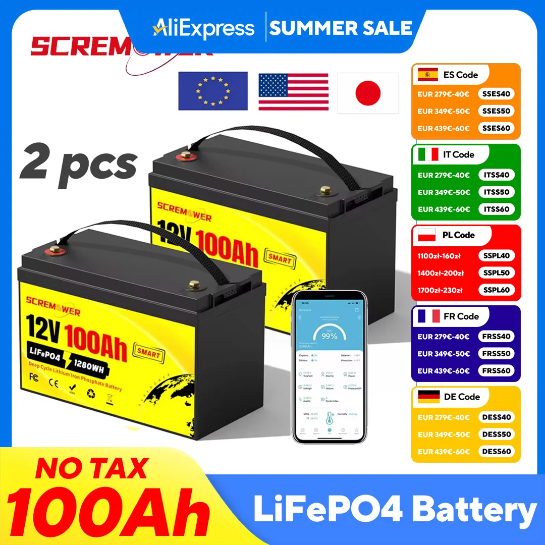 

2 шт. LiFePO4 аккумулятор 12 В 100 Ач Bluetooth BMS 100A литий-железо-фосфатный аккумулятор для солнечной лодки RV кемпинга солнечный троллинговый двигатель