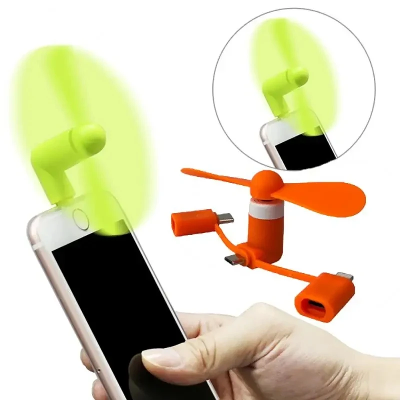 Ventilador Portátil 3 em 1 Alimentado por USB, Mini Ventilador de Resfriamento para iPhone, iPad, Smartphones Android, Tablets, Micro USB, Tipo C, Lightning