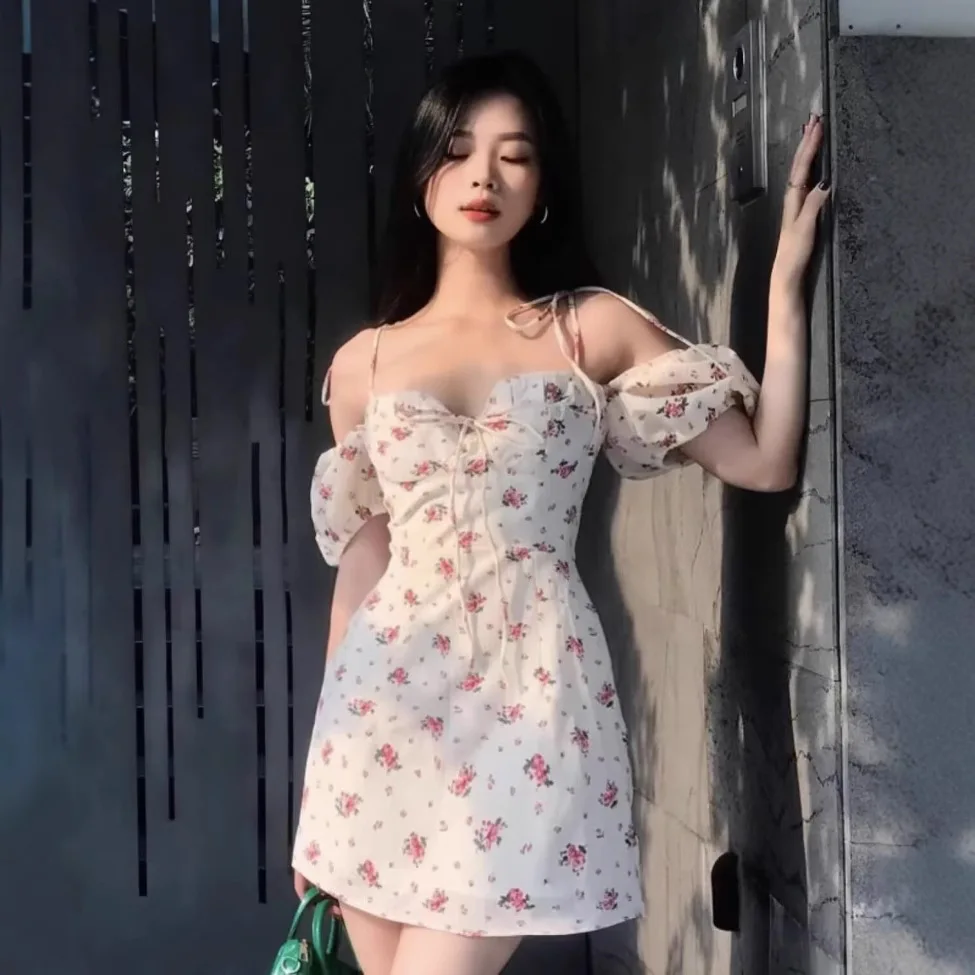 

Summer New Floral High Waist Dress Short Sleeve Slash Neck Dress Sweet Sundress Women Mini Dress