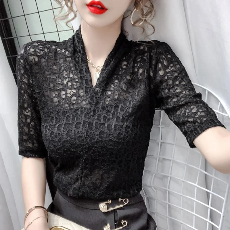 Hollow Out Summer Lace Blouses Womens 2024 Fashion Streetwear Transparent White Ladies Tops Korean Slim Sexy Black Blouse XXL