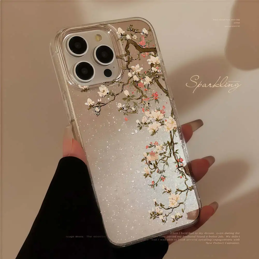 Vintage Magnolia Flower glitter Phone Case For iPhone 17 16 14 12 13 15 11 Pro Max Air 16 15 14 Plus 17E 16E X XR Soft TPU Cover view 4