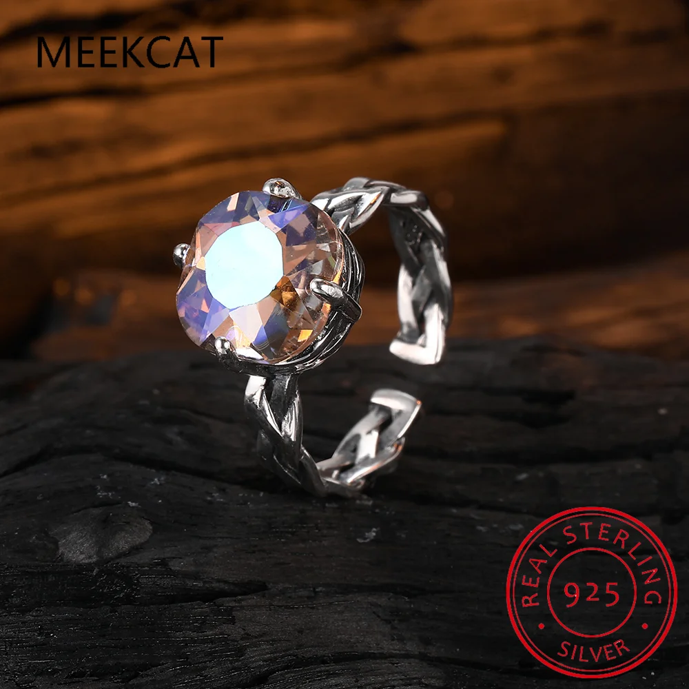Round Natural Rainbow Mystic Quartz 925 Sterling Silver Vintage Braided Open Ring for Women Colorful Gemstone Jewelry Party Gift