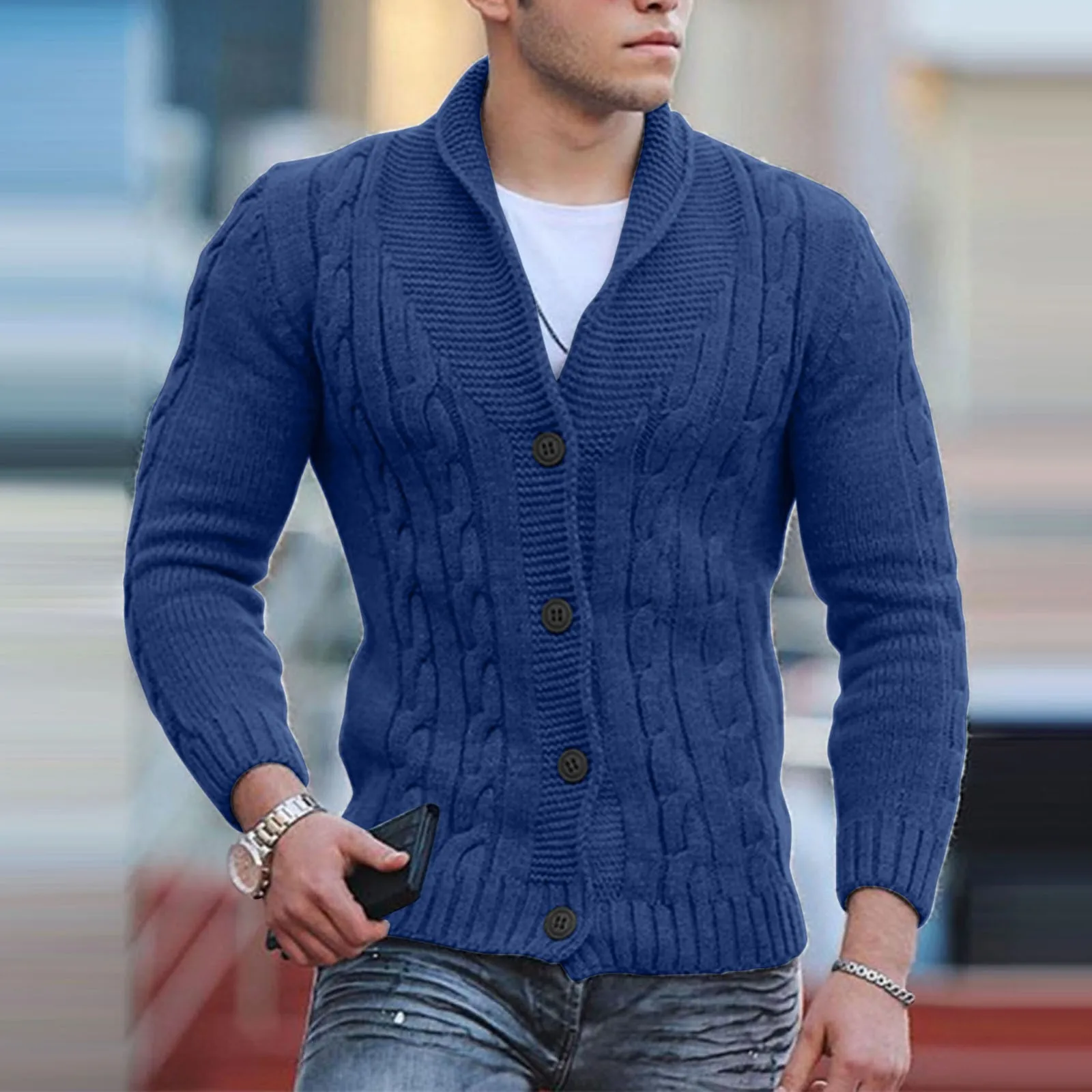 V Neck Men Cable Knit Cardigan Sweater Slim Fit Long Sleeve Casual Cardigans Coat Men Clothing Autumn Winter Jacket Coat