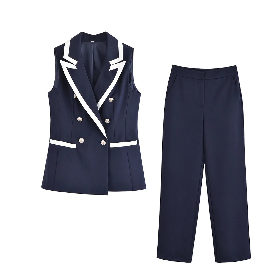 

Женский шикарный двубортный жилет без рукавов с отложным воротником и карманами, топ + модные повседневные брюки, комплект из 2 предметов