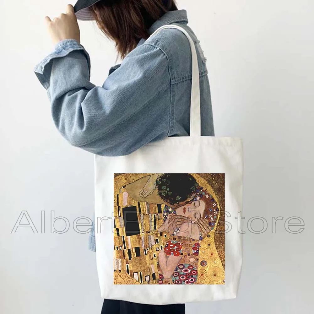 

Austria Gustav Klimt Painting Gifts Canvas Totes Bag Farmhouse Kiss Death and Life Flower Garden Print Casual Shopper Handbags