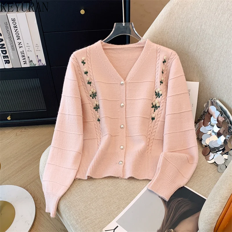 2024 New Autumn Winter Sweet Flowers Embroidered Sweater Women Vintage V-neck Long Sleeve Peal Button Knitted Cardigan Coat Pink