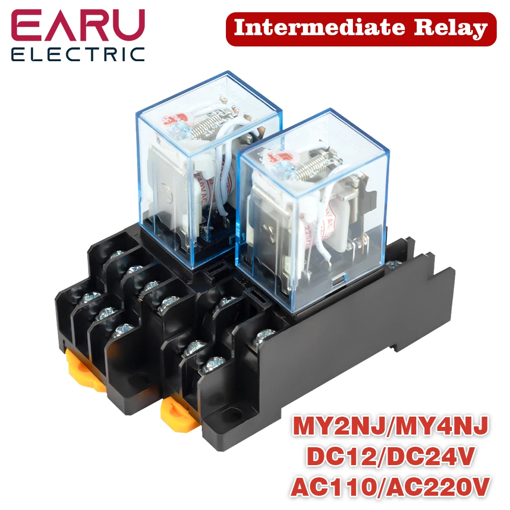 MY2NJ MY4NJ DIN Rail Small Electromagnetic Relay Coil Power Relay DC12V DC24V AC110V AC220V With Socket Base 2NO 2NC